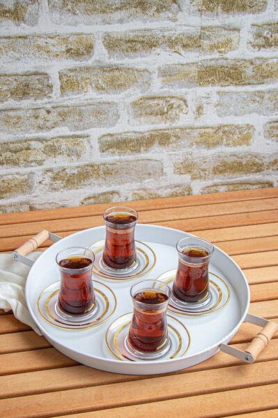 kitchen trend 2'li Ahşap Kulplu 45 cm Siyah Metal Tepsi ve 37 Beyaz Cm Siyah Kahve Sunum Tepsisi
