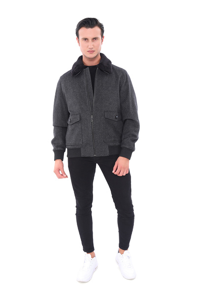 ŞAN GİYİM 2627 Erkek Kuşgözü Füme Üstten Cepli Çıkma Yaka Fermuarlı Mont