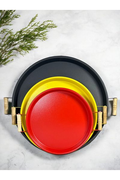 kitchen trend 3 Pieces 45,37,30 Cm Metal Tray with Wooden Handle Presentation Tray Set