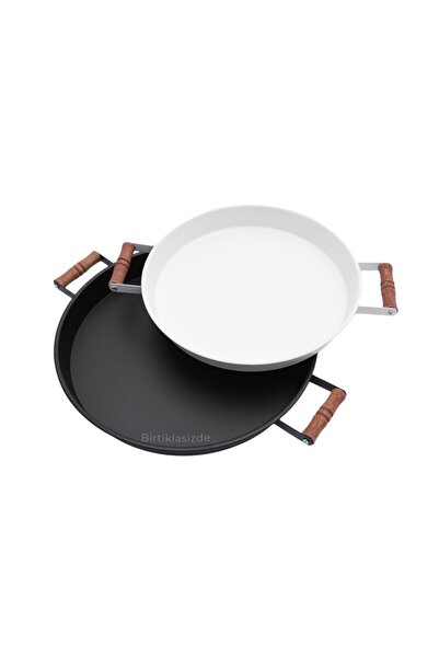 kitchen trend مجموعة من 2 صينية تقديم شاي وقهوة بمقبض خشبي 37 سم باللون الأسود و30 سم باللون الأبيض