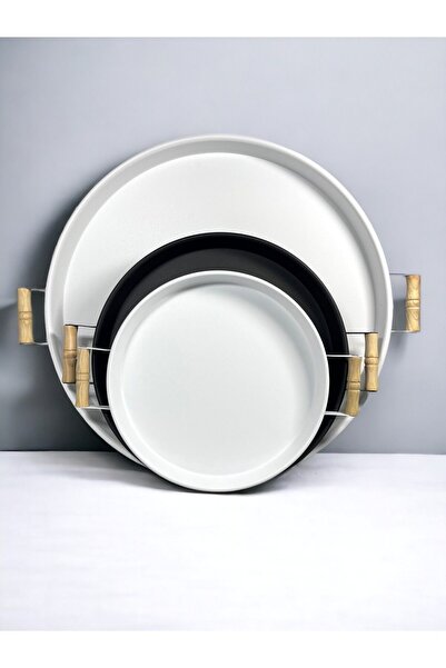 hemlife Set of 3 (51, 37, 30 CM) Metal Tray with Wooden Handles, Tea Tray, Coffee Tray, Presentation Tray