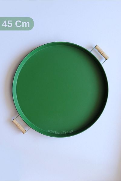 kitchen trend Metal 45 Cm Green Round Tray with Wooden Handles, Breakfast Tray, Presentation Tray