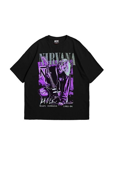 Sekizbiraltı Kurt Cobain Nirvana Printed Unisex Μαύρο μπλουζάκι Oversize - Μοντέλο 24/1