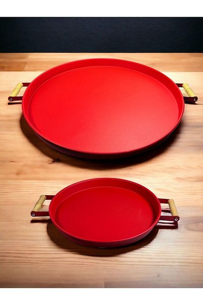 hemlife 51 Cm Metal Tea Coffee Presentation Tray with Wooden Handles + 30 Cm Red Tray