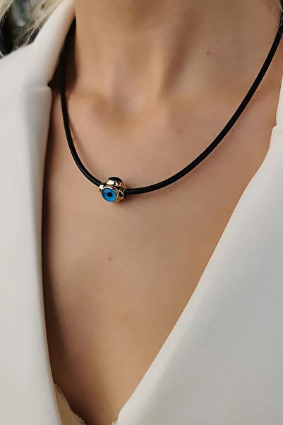 Utku Kuyumculuk 14 AYAR ÖZEL TASARIM NAZAR BONCUKLU İTHAL SİYAH KAUÇUK İPLİ A...