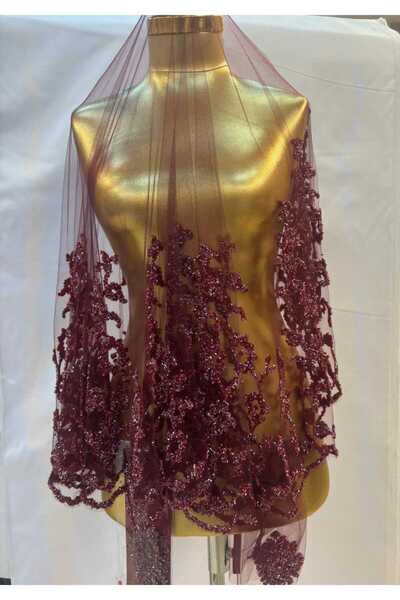 Gürlek Home Bordo  Gelin Duvak Seti,  İnci ve Pul İşlemeli Kına Duvağı