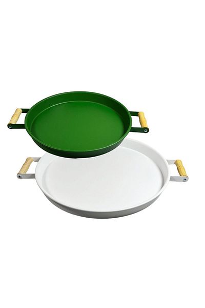 kitchen trend Set of 2 Wooden Handled 37 Cm White and 30 Cm Green Tray Tea Coffee Presentation Tray
