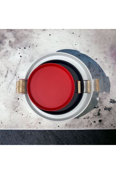 kitchen trend 3 قطع صينية معدنية 45 أبيض، 37 أسود، 30 أحمر مع مقابض خشبية مجموعة صينية تقديم صينية الشاي