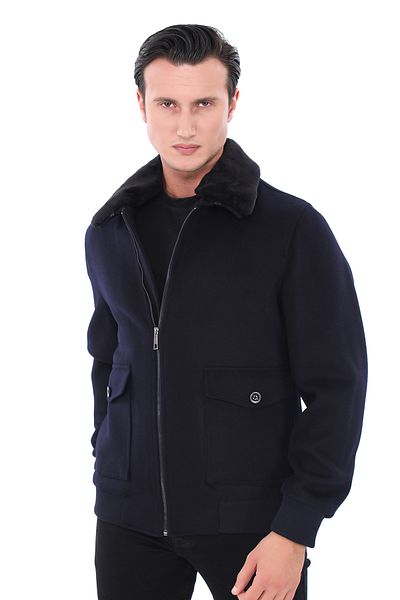 ŞAN GİYİM 2627 Men's Navy Blue Zippered and Pocketed Fur Collar Coat