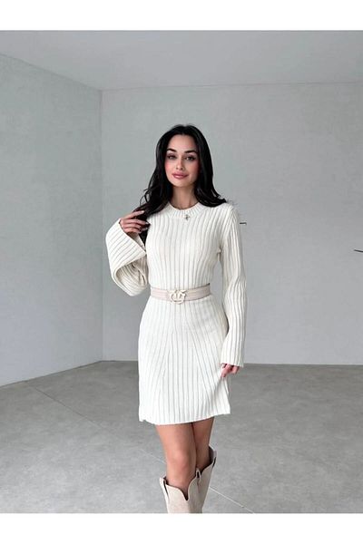 10NUMARAMODA Rochie de tricotaj de iarnă pentru femei, cu decolteu rotund, evazat, mini cu nervuri 10NMR2966