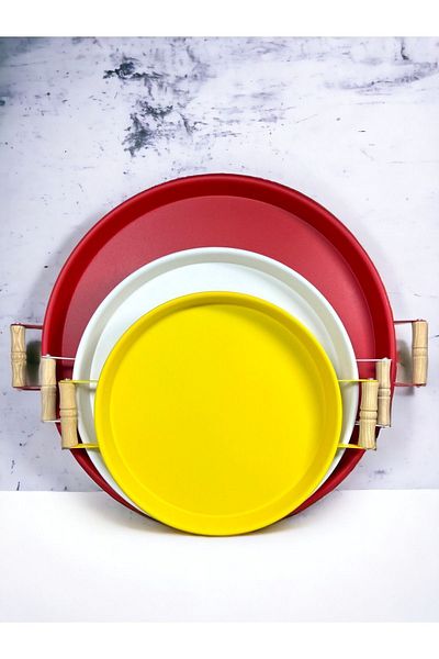 kitchen trend 3 Pieces 45,37,30 Cm Metal Tray with Wooden Handle Presentation Tray Set