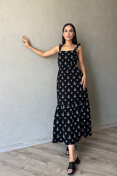 Seda Yalçın Atelier Black Print Dress with Ruffled Sleeves and Tie