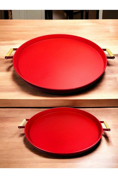 hemlife 2 Liter Wooden Handle 51 cm Metal Tray and 45 cm Red Tray Tea Coffee Presentation Tray