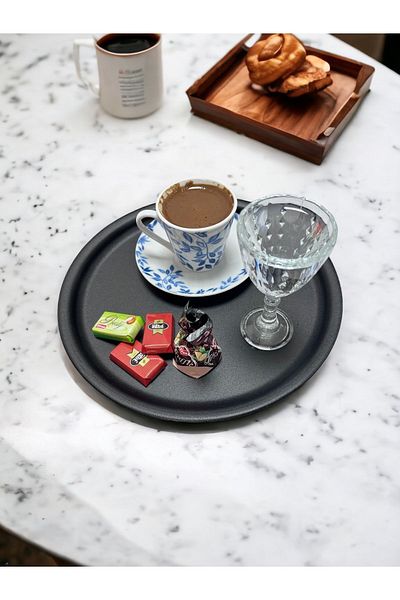 kitchen trend صينية تقديم شاي وقهوة وكيك دائرية معدنية سوداء مقاس 22 سم