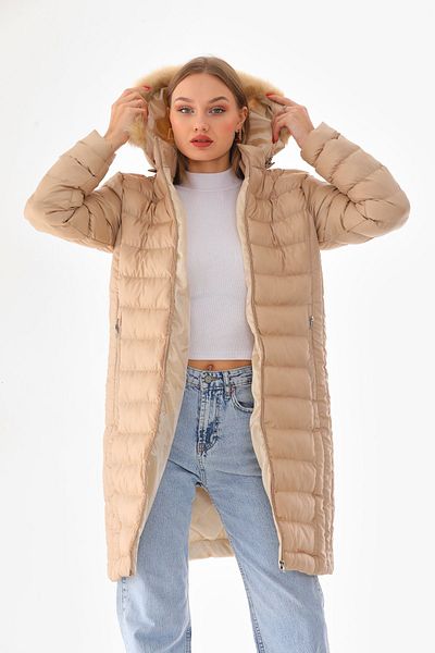 BİKELİFE Women's Beige Long Padded Fur Hooded Puffer Coat