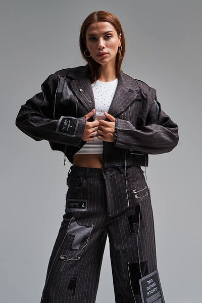 its basic Anthracite Colored Striped Women's Jacket - Special Fabric Design