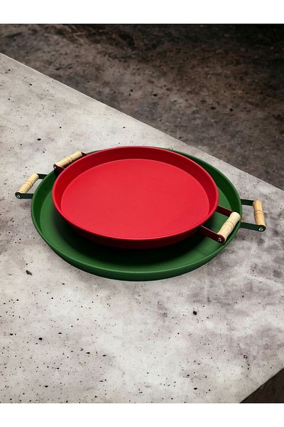 kitchen trend Set of 2 45 cm Green Metal Tray with Wooden Handles and 37 Cm Red Coffee Presentation Tray