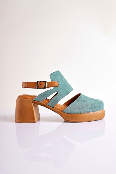 SU SHOE BOUTIQUE Kadın Su Yeşili Hakiki Süet Deri Önü Kapalı Topuklu Sandalet