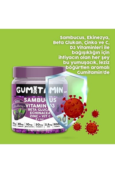 Gumitamin Sambucus Multivitamin Karamürver, Vitamin C+d3, Çinko, Beta Glukan Doğal Böğürtlen Aromalı