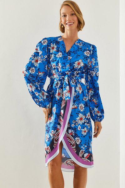 Bianco Lucci Floral Pattern Asymmetrical Cut - Διπλό Φόρεμα Ζώνης γιακά 22181 60251627