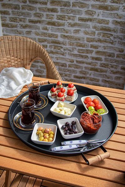 kitchen trend Set of 2 45 Cm Metal Tray with Wooden Handles and 37 Cm Black Tray Tea Coffee Presentation Tray