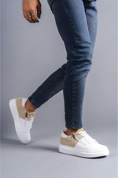 Aymood SLW155 Impact - Men's Suede Casual Sneaker, Lace-up and Zipper, BT White/Cream