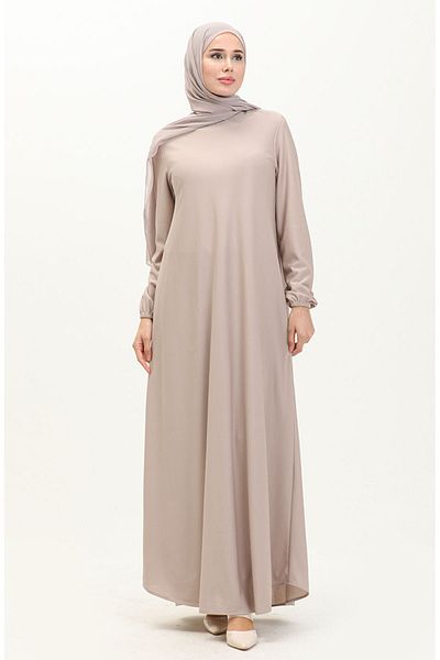 sefamerve Beige Colored Elastic Sleeve Dress - 7777-10