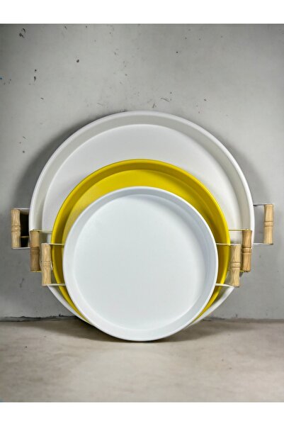 kitchen trend 3 Pieces 45,37,30 Cm Metal Tray with Wooden Handle Presentation Tray Set