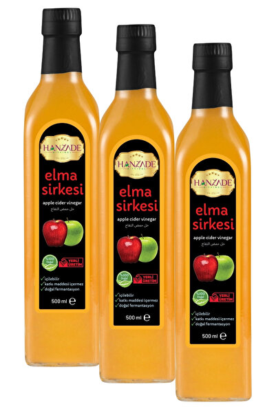 Hanzade Bitkisel Elma Sirkesi 500 ml X 3 Adet Doğal Fermante Içilebilir Saf C...