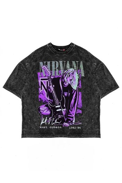 Sekizbiraltı Nirvana Kurt Cobain Printed Unisex Oversize Μαύρο T-Shirt - 24/1 Washable