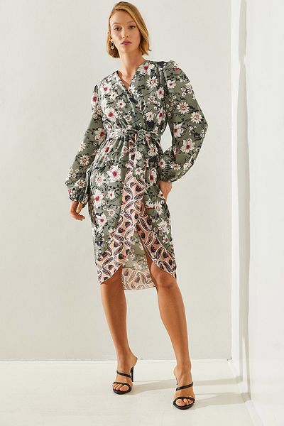 Bianco Lucci Floral Pattern Asymmetrical Cut - Διπλό Φόρεμα με γιακά Ζώνη 22181 60251627