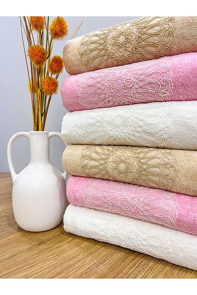 AYHANHOME French Guipure Embroidered Patterned Luxury Dowry Set 50x90 Set of 6 Hand and Face Towels