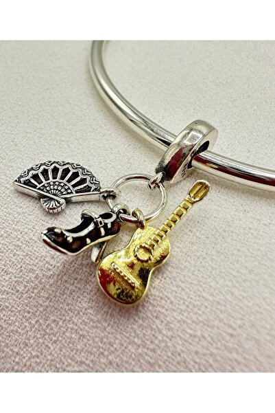 My Story Flamenko Yelpaze Ayakkabı Gitar Sallantılı Gümüş Charm