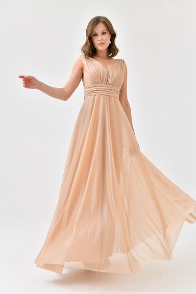 Neşeli Butik rochie de seară din tul argintiu cu decolteu în V auriu pentru femei NBS9223