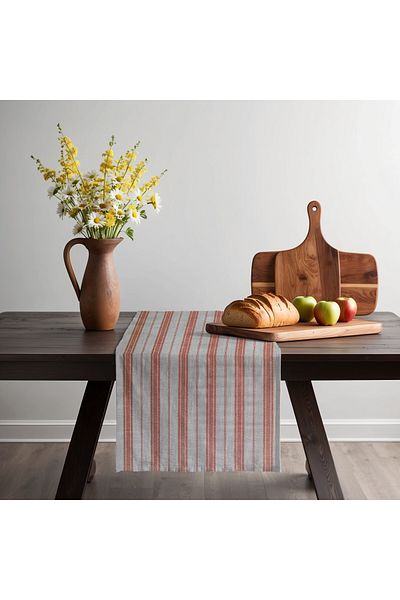 KAMİZ Linen Runner - Coral Striped, 40x150 Cm