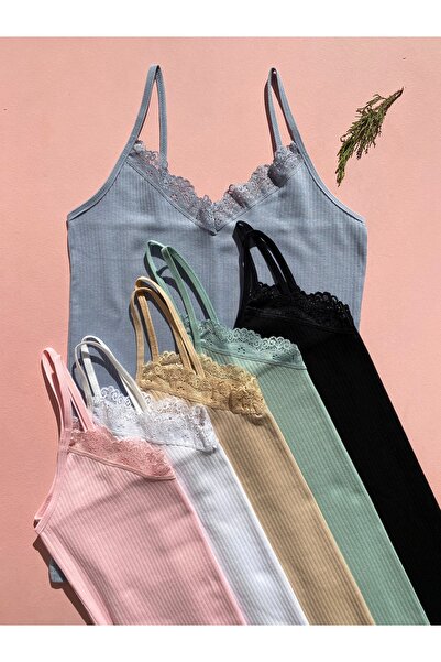 LEYNA BUTİK Жіночий 6-парений бавовняний, еластичний, мереживний, рибана блуз...