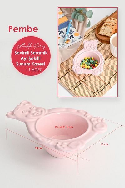 Anadolu Saray Pink Bear Shaped Handmade Ceramic Serving Bowl and Plate Serving Presentation Catering - 1 Pc