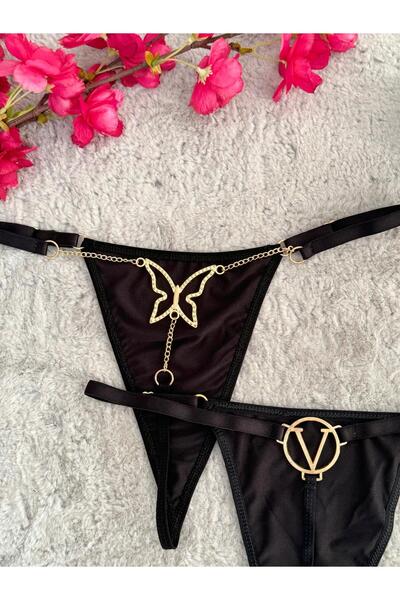 Oprah Kadın 2 Li Paket Gold Aksesuarlı Beli Ayarlanabilir Seksi String Fantezi Külot