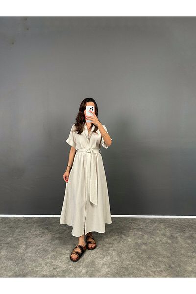 DUSOHOME Linen Dress - Hidden Button and Belt Detail