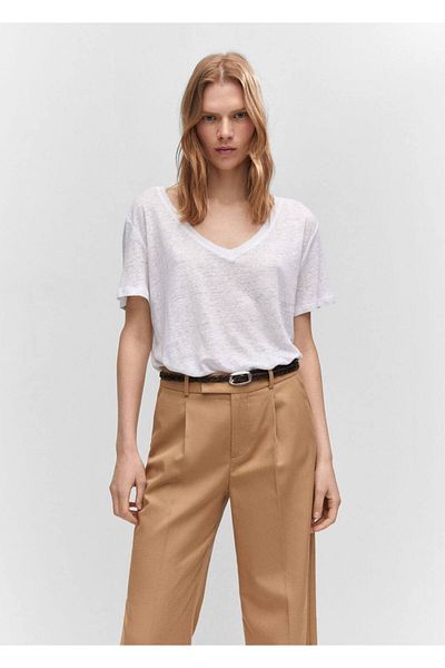 MANGO Woman Tricou din in cu decolteu în V