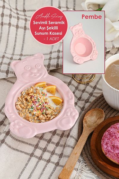 Anadolu Saray Pink Bear Shaped Handmade Ceramic Serving Bowl and Plate Serving Presentation Catering - 1 Pc