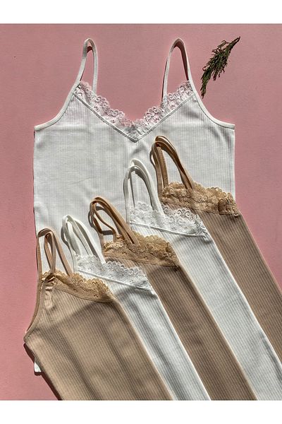 LEYNA BUTİK Women's 6-Piece String Strap Cotton, Lycra, Lace, Ribbed Blouse-Athlete (3 Skin - Ecru)