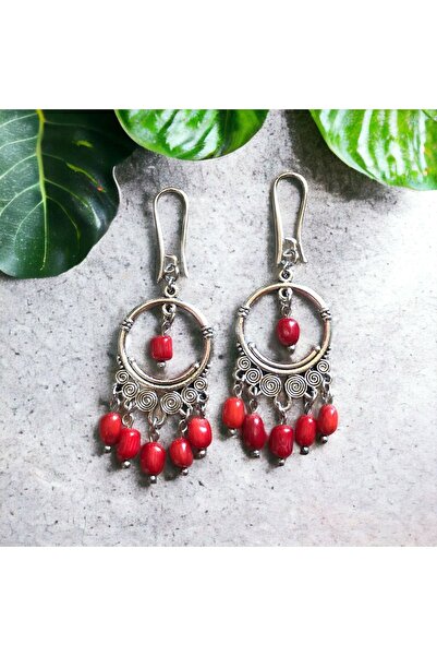 Aksesuar Retro Etnik Kırmızı Mercan Doğal Taş Küpe