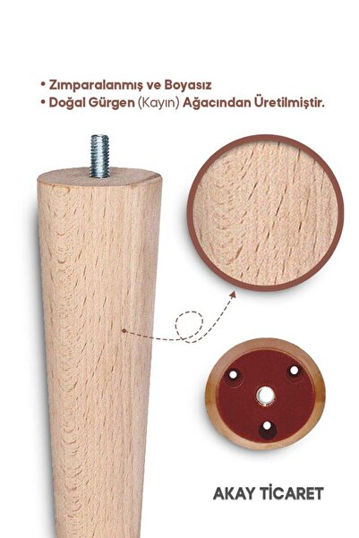 AKAY TİCARET Sehpa Ayağı Ahşap Konik Ayak 4 Adet 45 Cm