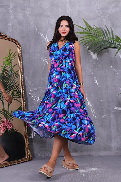 ZEYWEAR فستان واسع بياقة مزدوجة الصدر وربطة عنق في الخلف