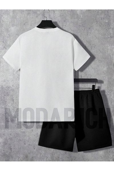 MODARİCH Brooklyn New York White T-Shirt Μαύρο σορτς - Σορτς T-Shirt Top Bottom Set Printed Crew Neck