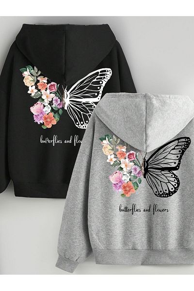 MODARİCH 2-Piece Floral Butterfly Cardigan - Black Gray Printed Winter Oversize Hooded Cardigan with Zipper Pocket Detail