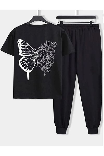 MODARİCH Butterfly Sweatpants T-shirt - Black Jogger T-Shirt Bottom Top Tracksuit Set Oversize Crew Neck