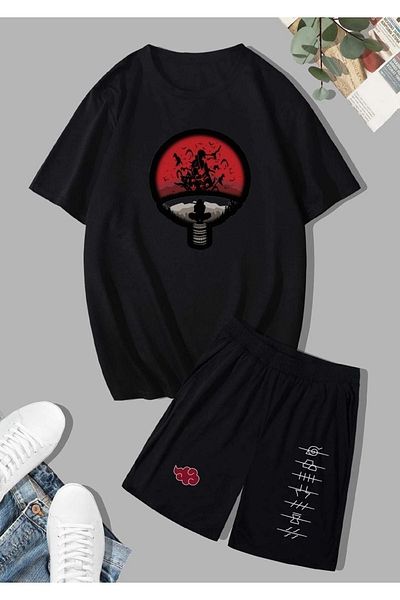MODARİCH Naruto T-Shirt Shorts - Black T-Shirt with Shorts Top and Bottom Set Printed Oversize Crew Neck