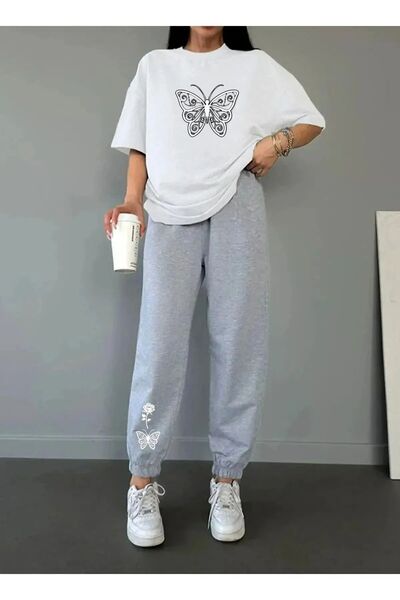 MODARİCH طقم بدلة رياضية للركض باللون الأبيض والرمادي على شكل فراشة وردية - ر...